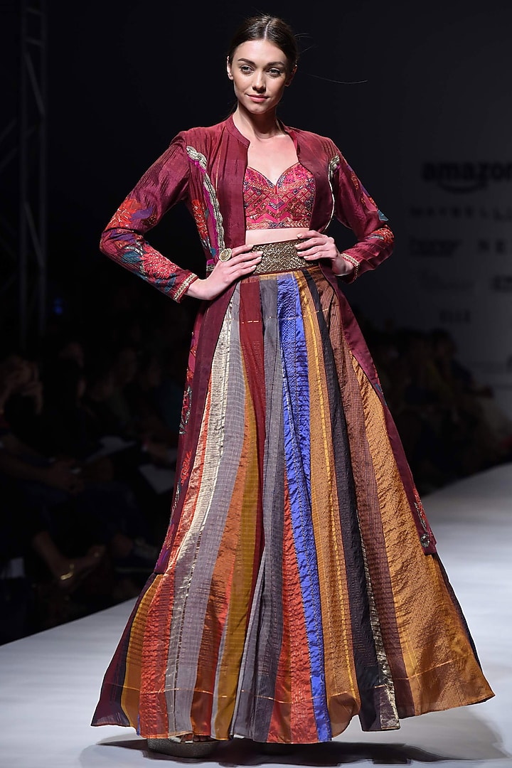 Pink Embroidered Blouse with Multi-Colour Lehenga and Maroon Jacket by Krishna Mehta