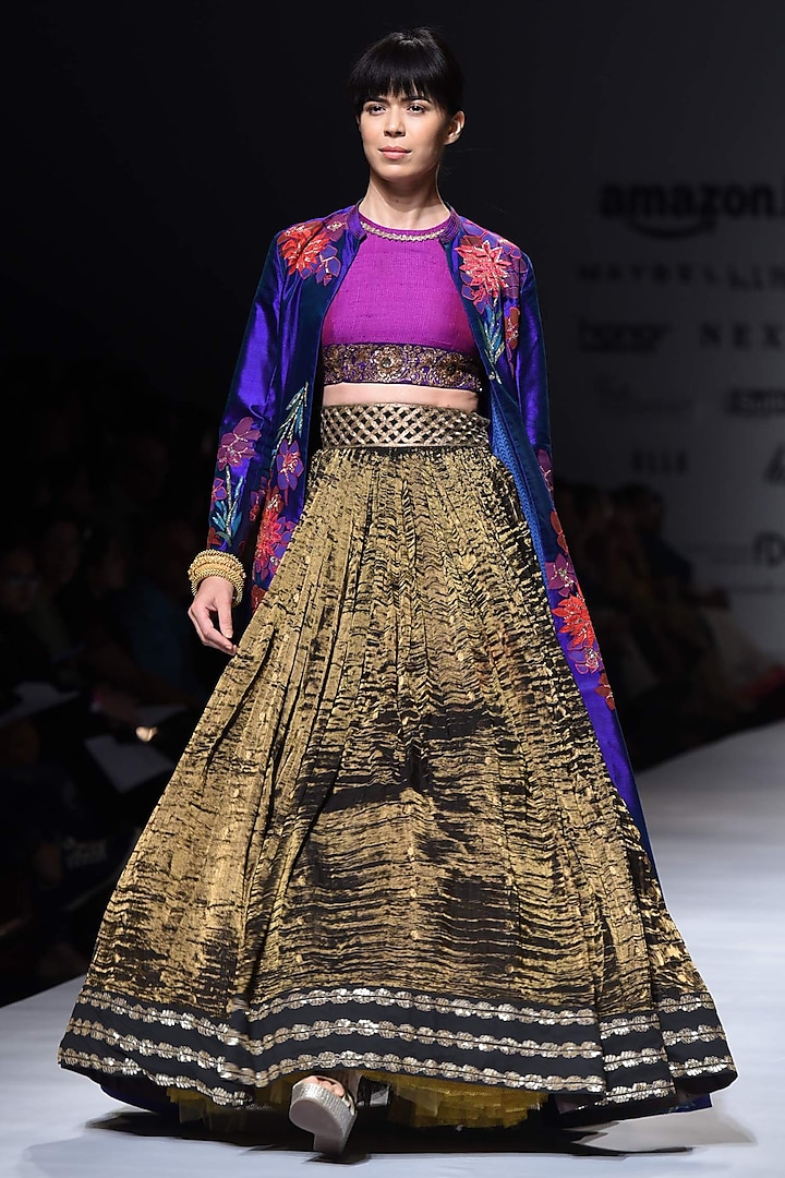 Purple Embroidered Blouse with Antique Gold Lehenga and Blue Jacket by Krishna Mehta