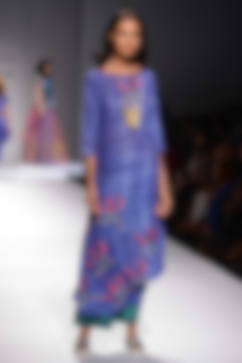Royal Blue Birds Of Paradise Embroidered Long Tunic Teal Block Print Trousers by Krishna Mehta