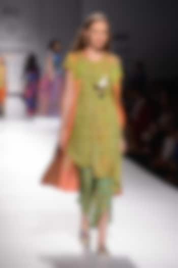 Green Tie-And-Dye Narrow Dhoti Pants with Lime Green Long Tie-Dye Dress by Krishna Mehta