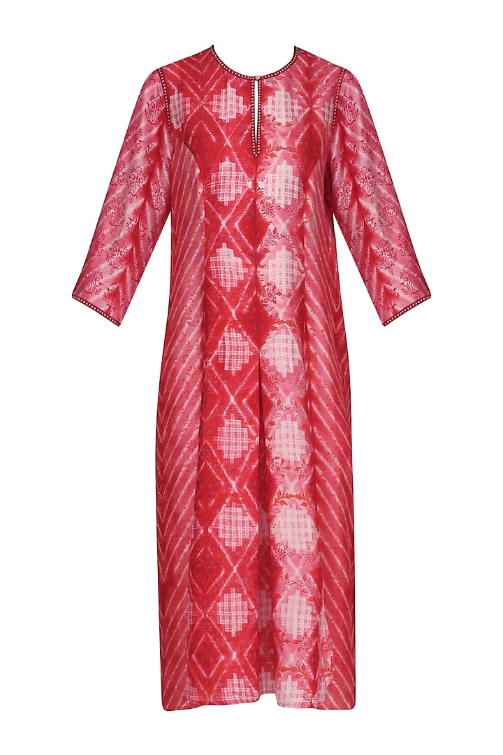 Red and Pink Block Printed Tie-Dye Tunic by Krishna Mehta