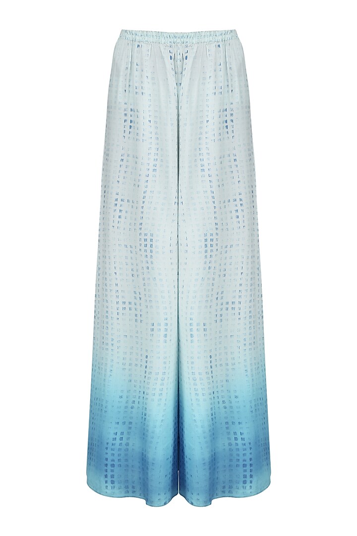 White To Blue Ombre Block Printed Palazzo Pants by Krishna Mehta