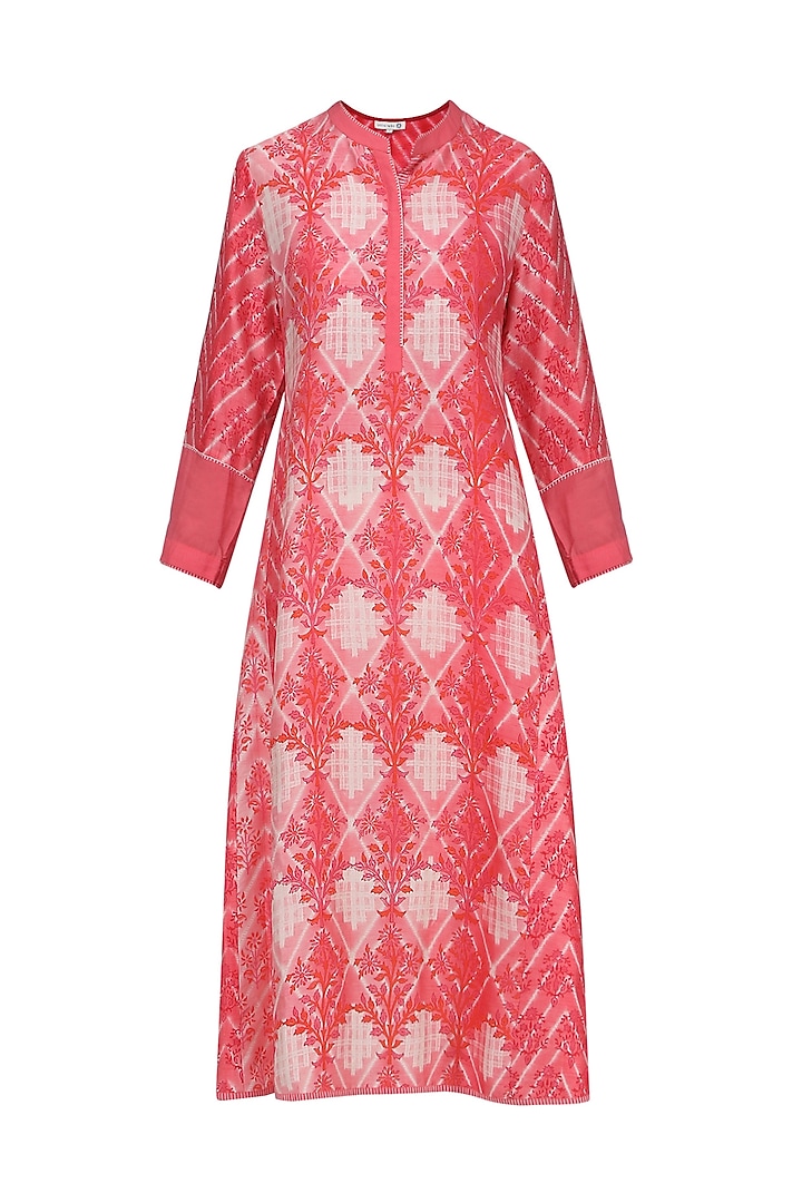 Melon Red and White Block Printed Tie-Dye Tunic by Krishna Mehta