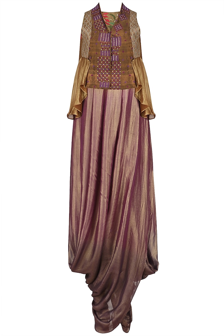 Purple Ombre Embroidered Draped Dress with Peplum Vest by Krishna Mehta
