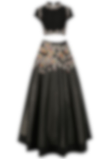 Black embroidered short vest with silvery black lehenga available only at Pernia's Pop Up Shop.