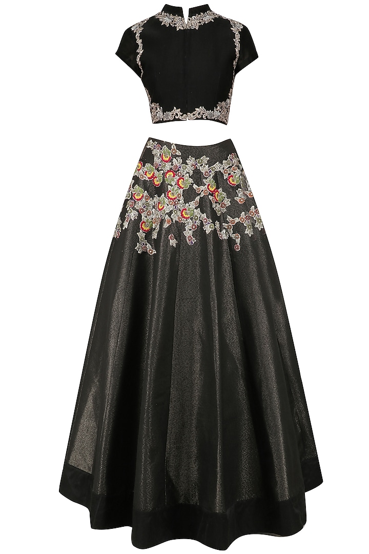 Black embroidered short vest with silvery black lehenga available only at Pernia's Pop Up Shop.