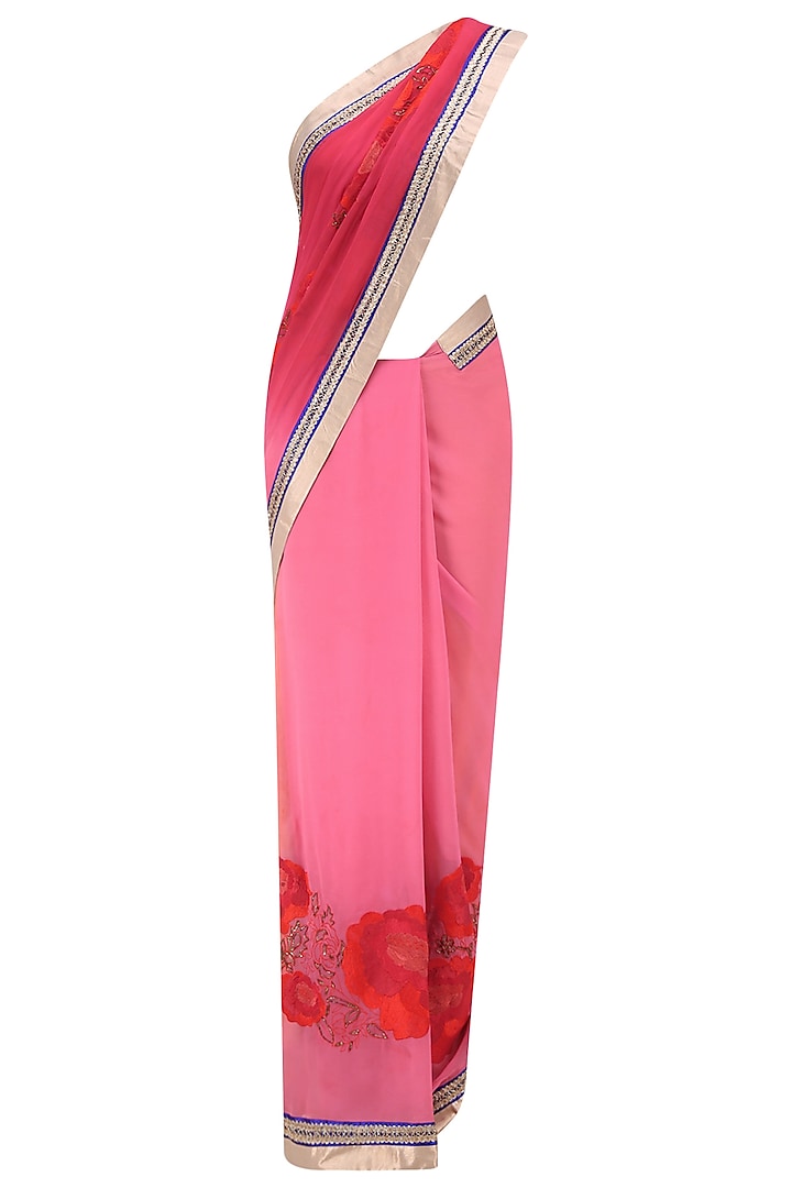 Pink and Red Embroidered Shaded Saree by Krishna Mehta