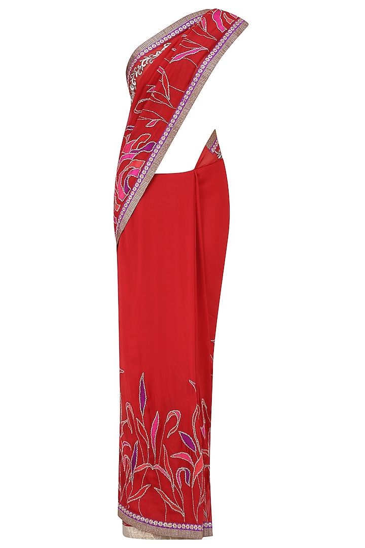 Red Leaves Pattern Embroidered Saree by Krishna Mehta