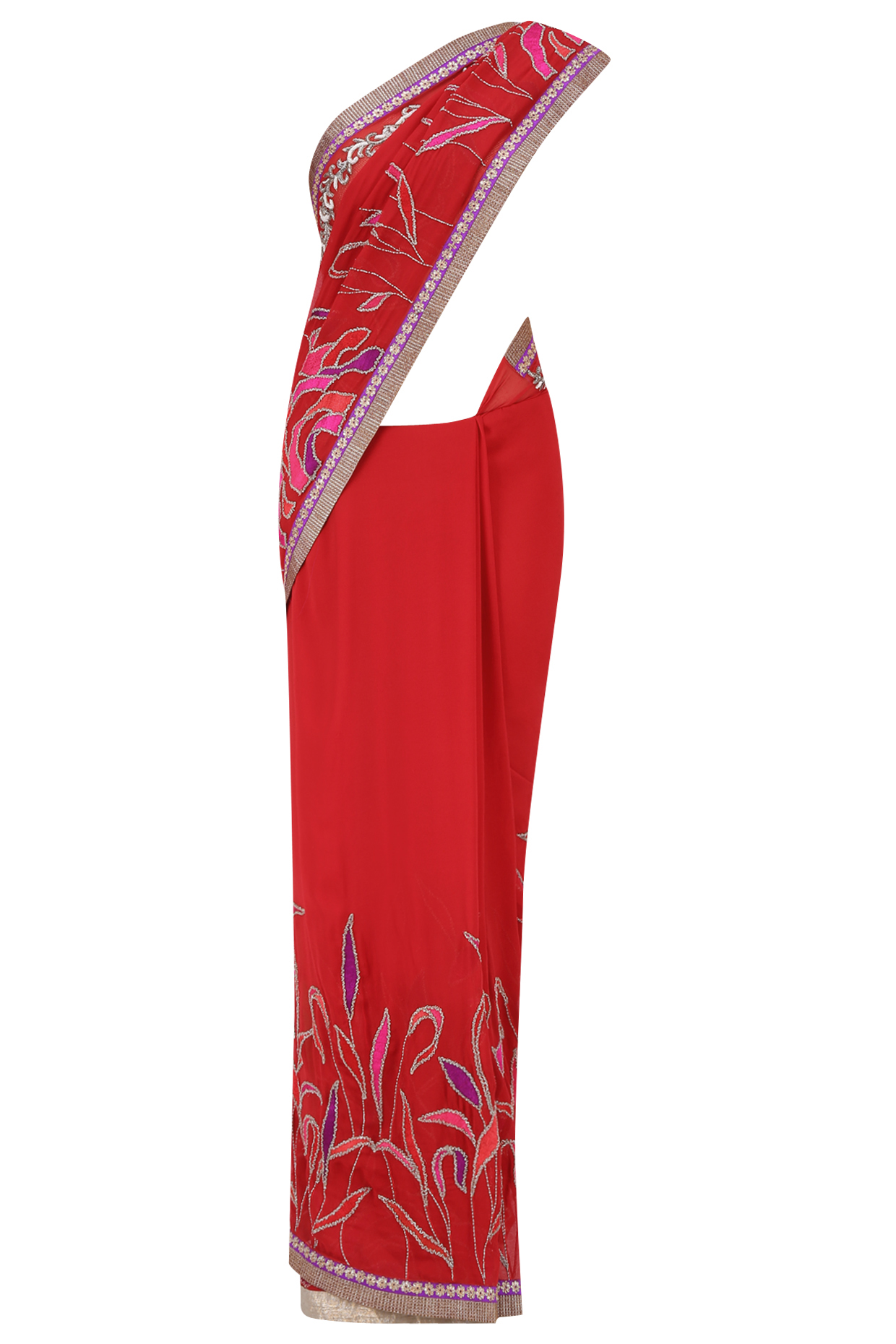 Red leaves pattern embroidered saree available only at Pernia's Pop Up Shop.