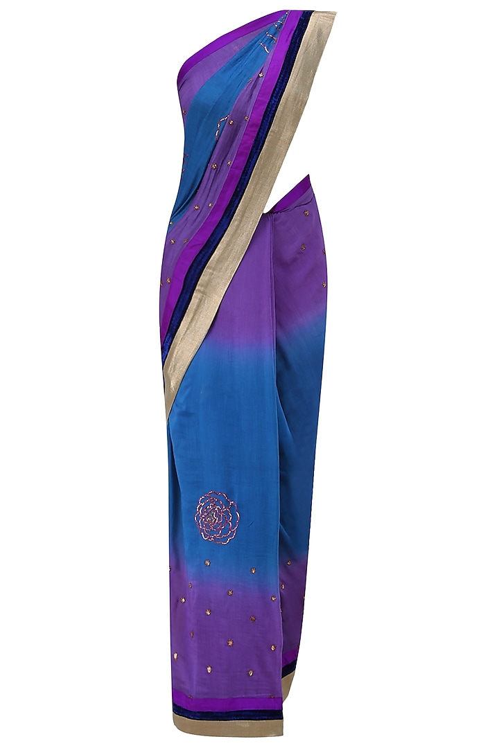 Purple and Blue Shaded Rose Embroidered Saree by Krishna Mehta