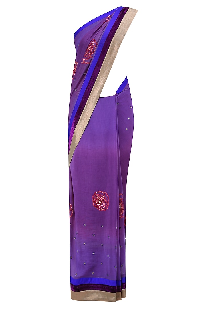Purple and Pink Shaded Rose Embroidered Saree by Krishna Mehta