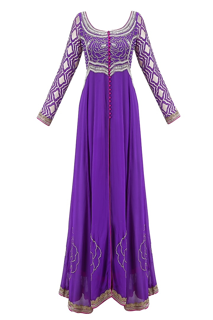 Purple Embroidered Flared Anarkali with Pants by Krishna Mehta