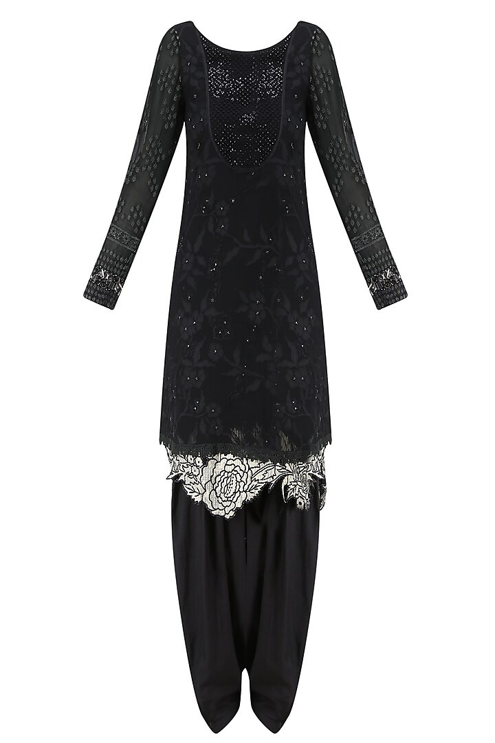 Black Embroidered Full Sleeves Tunic and Shaded Pants Set by Krishna Mehta