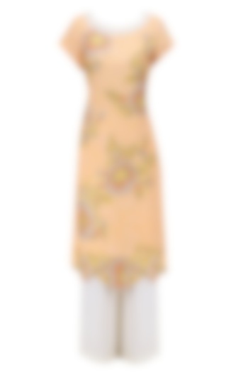 Peach Floral Embroidered Tunic with Ivory Palazzo Pants by Krishna Mehta