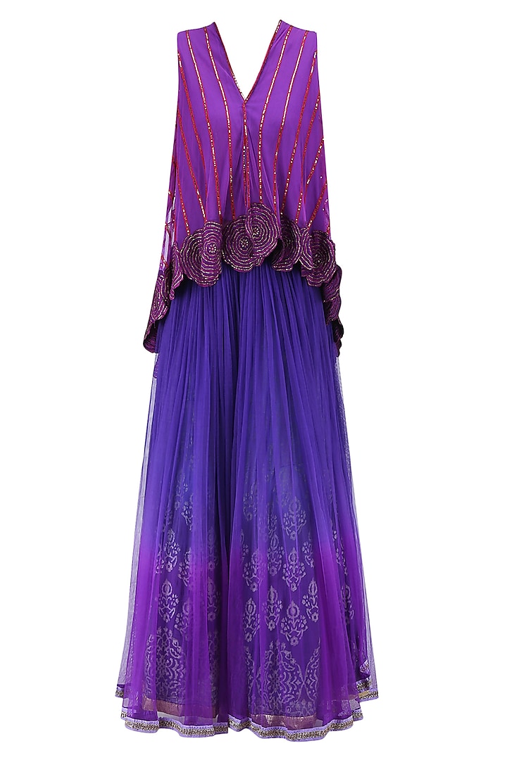 Purple Embroidered Flared Top and Lehenga Skirt Set by Krishna Mehta