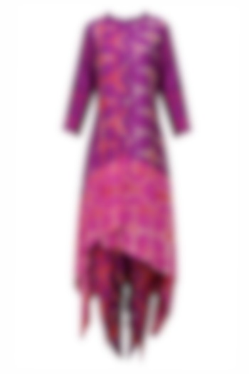 Purple, orange and pink tye and dye printed kurta, dhoti pants and jacket set available only at Pernia's Pop Up Shop.