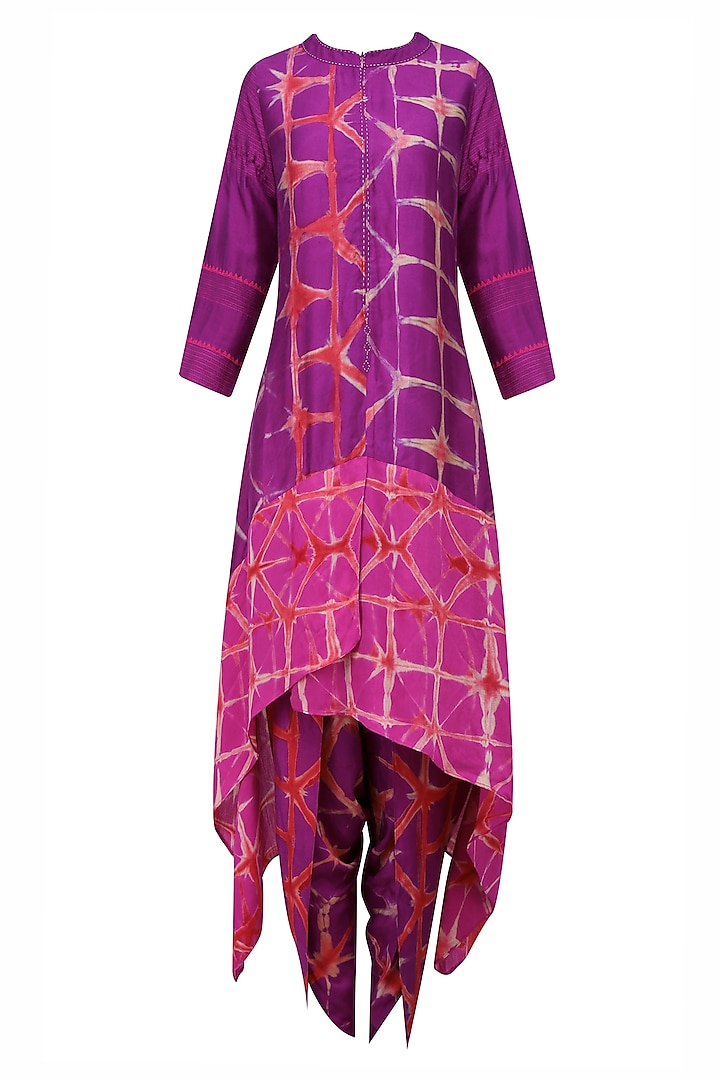 Purple, Orange and Pink Tye and Dye Printed Kurta, Dhoti Pants and Jacket Set by Krishna Mehta