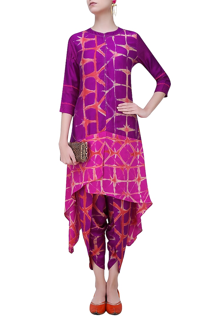 Purple, orange and pink tye and dye printed kurta, dhoti pants and jacket set available only at Pernia's Pop Up Shop.