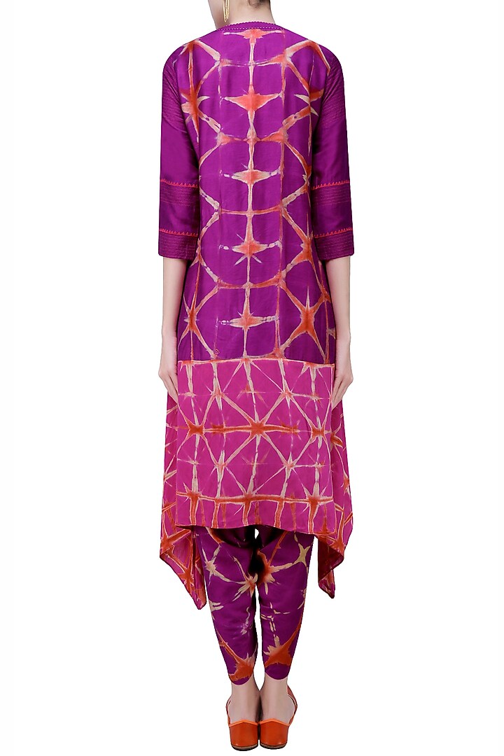 Purple, orange and pink tye and dye printed kurta, dhoti pants and jacket set available only at Pernia's Pop Up Shop.