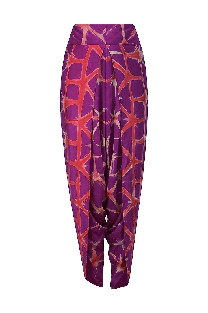 Purple, orange and pink tye and dye printed kurta, dhoti pants and jacket set available only at Pernia's Pop Up Shop.