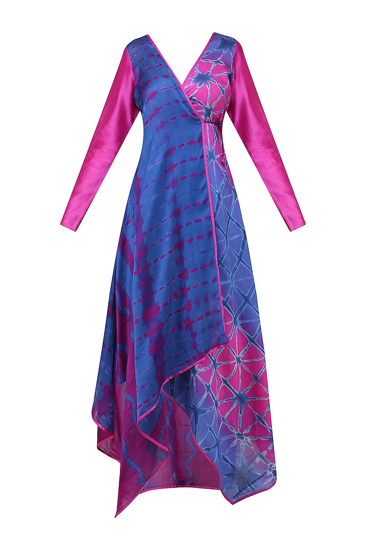 Magenta and Indigo Angrakha Style Tye and Dye Tunic by Krishna Mehta