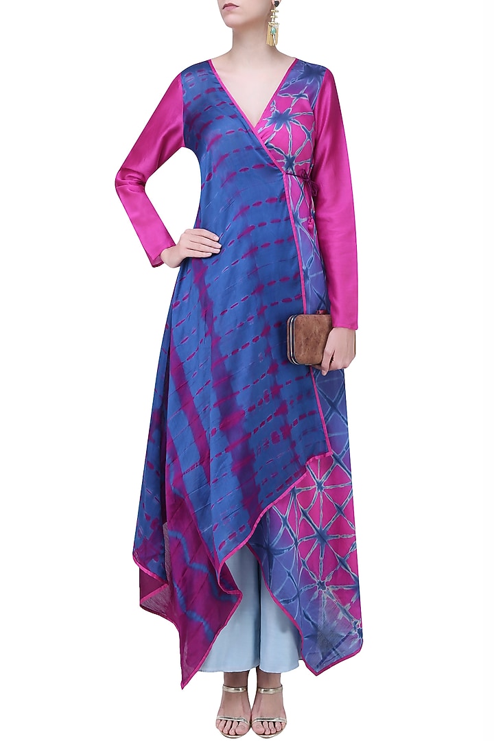 Magenta and indigo angrakha style tye and dye tunic available only at Pernia's Pop Up Shop.