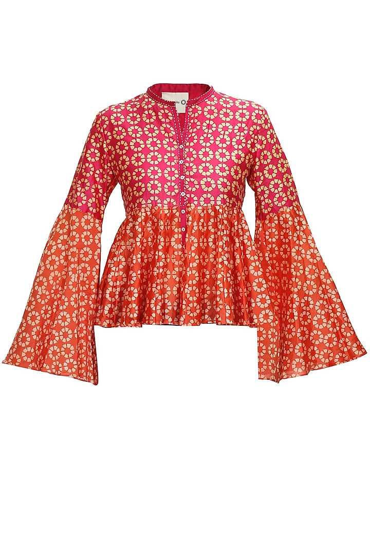 Fuchsia and coral black print kedia style top available only at Pernia's Pop-Up Shop.