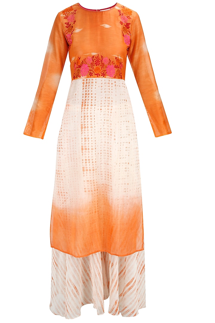 Orange and white embroidered kurta with block printed palazzos by Krishna Mehta