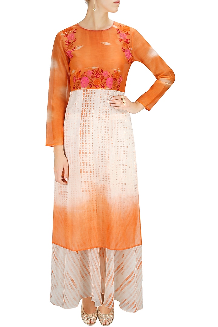 Bright orange tie dye embroidered kurta with block printed palazzos available only at Pernia's Pop-Up Shop.