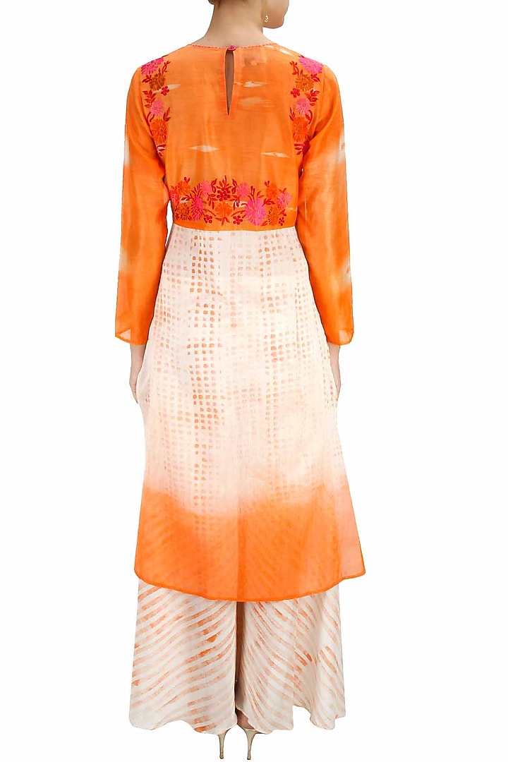 Bright orange tie dye embroidered kurta with block printed palazzos available only at Pernia's Pop-Up Shop.