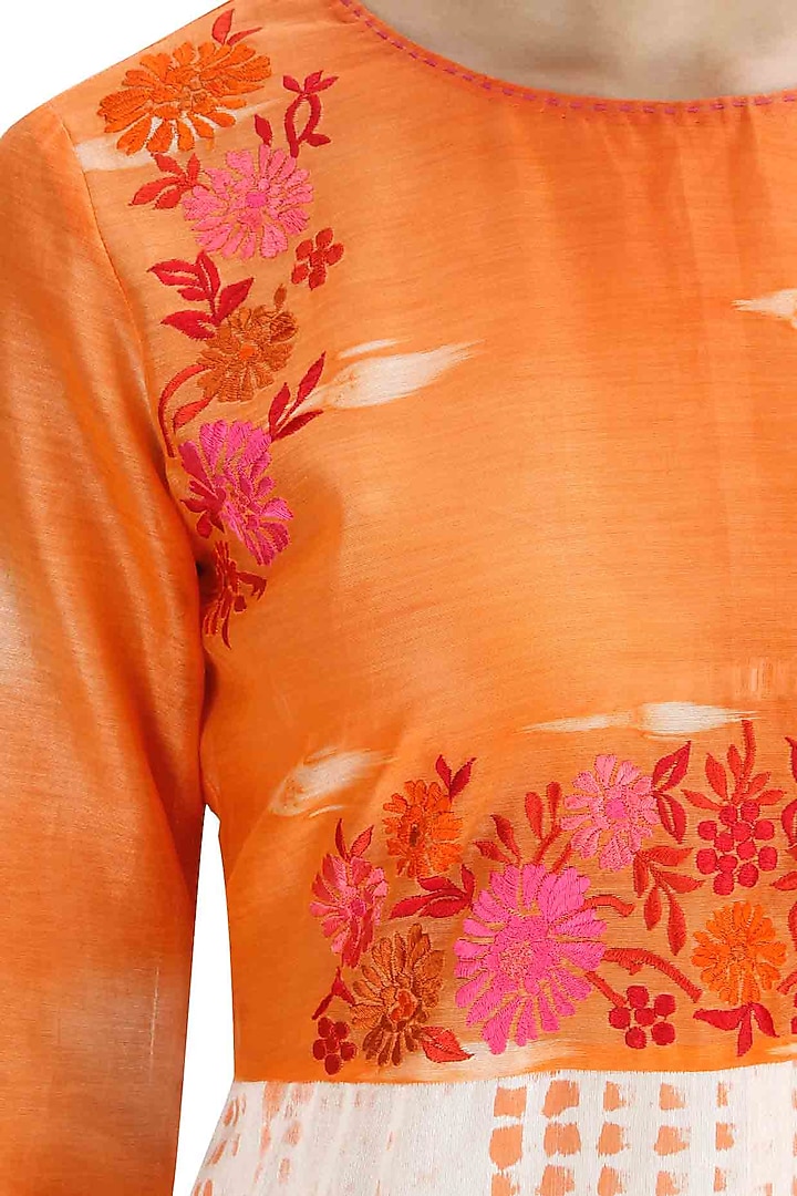 Bright orange tie dye embroidered kurta with block printed palazzos available only at Pernia's Pop-Up Shop.