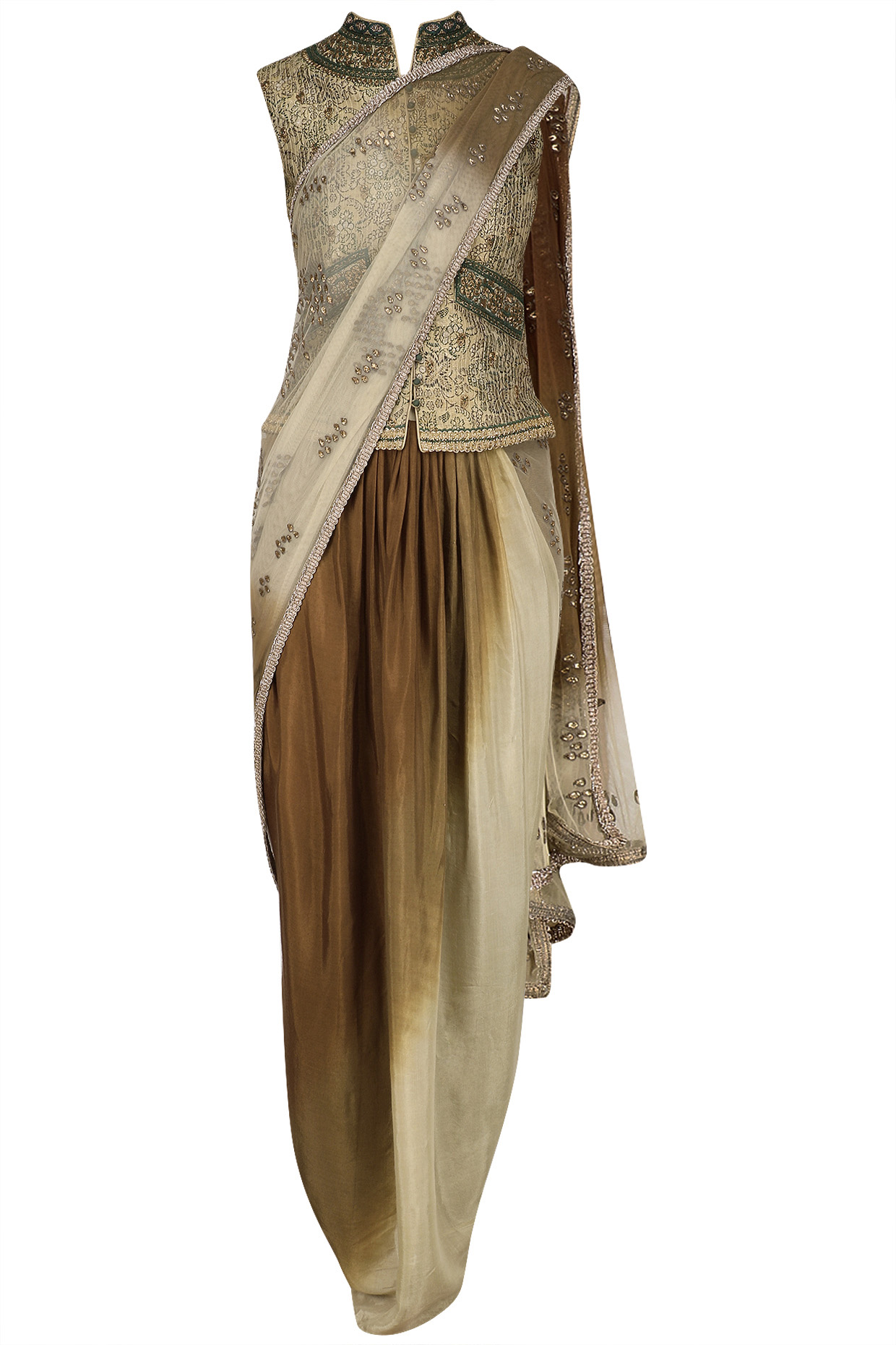 Gold block print nehru vest and drape saree set available only at Pernia's Pop Up Shop.