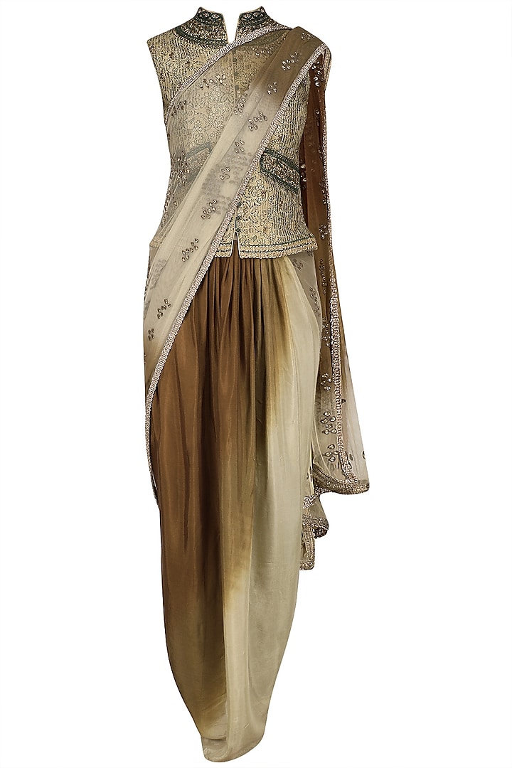 Gold Block Print Nehru Vest and Drape Saree Set by Krishna Mehta