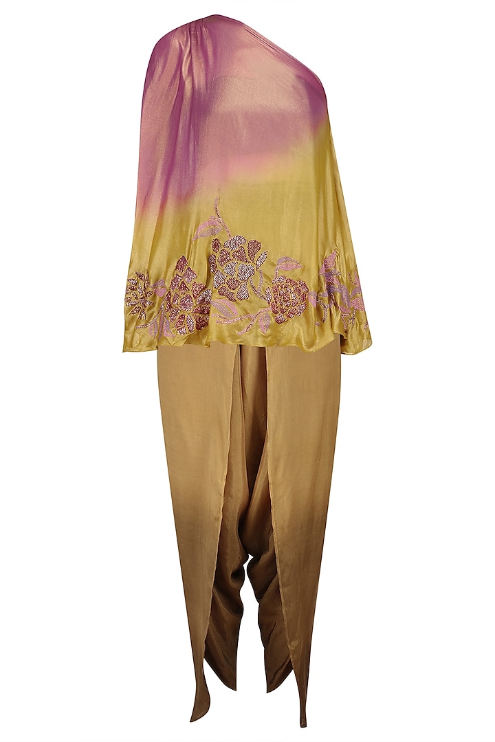 Purple Ombre Shaded One Shoulder Top with Dhoti Pants and Belt by Krishna Mehta
