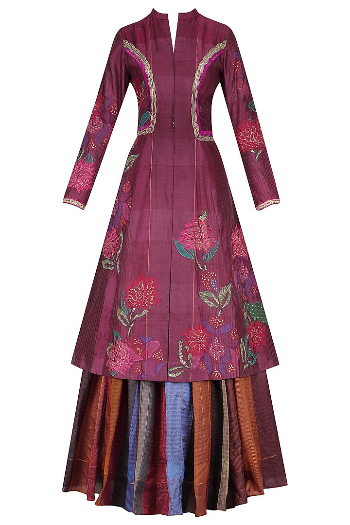Pink Embroidered Blouse and Lehenga Set with Maroon Jacket by Krishna Mehta
