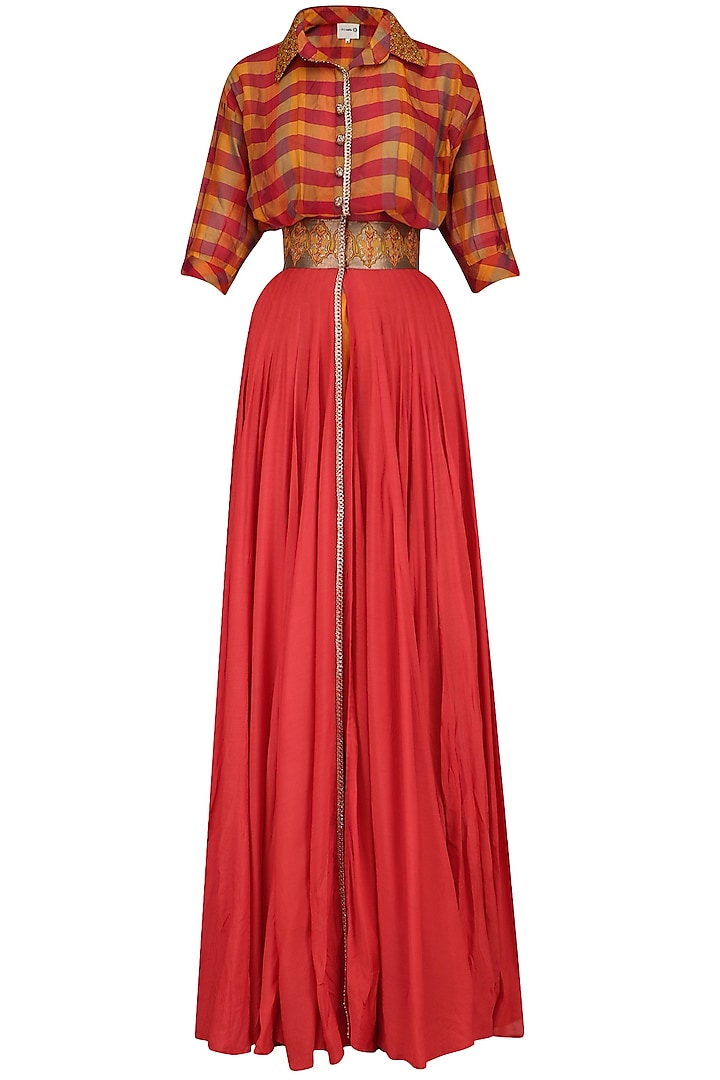 Red and Yellow Flared Anarkali and Pants Set by Krishna Mehta