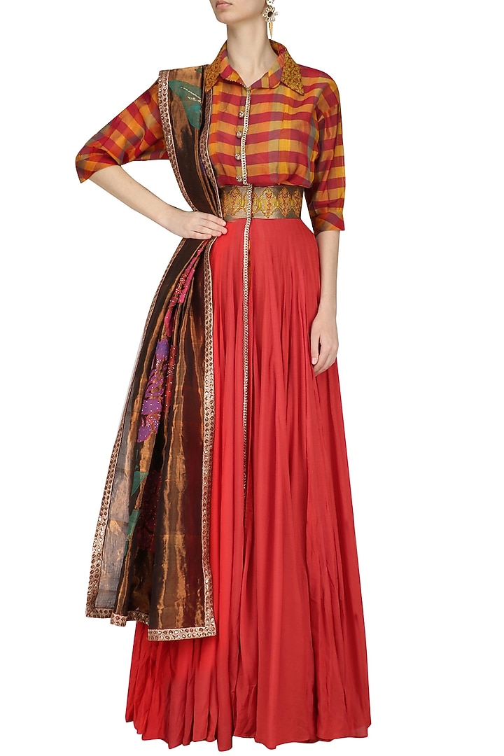 Red and yellow flared anarkali and pants set available only at Pernia's Pop Up Shop.