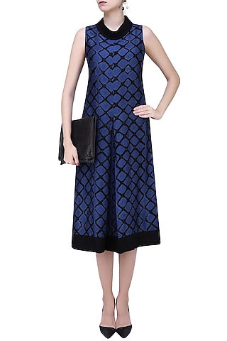 Blue and Black Tye and Dye Printed Flared Dress by Krishna Mehta