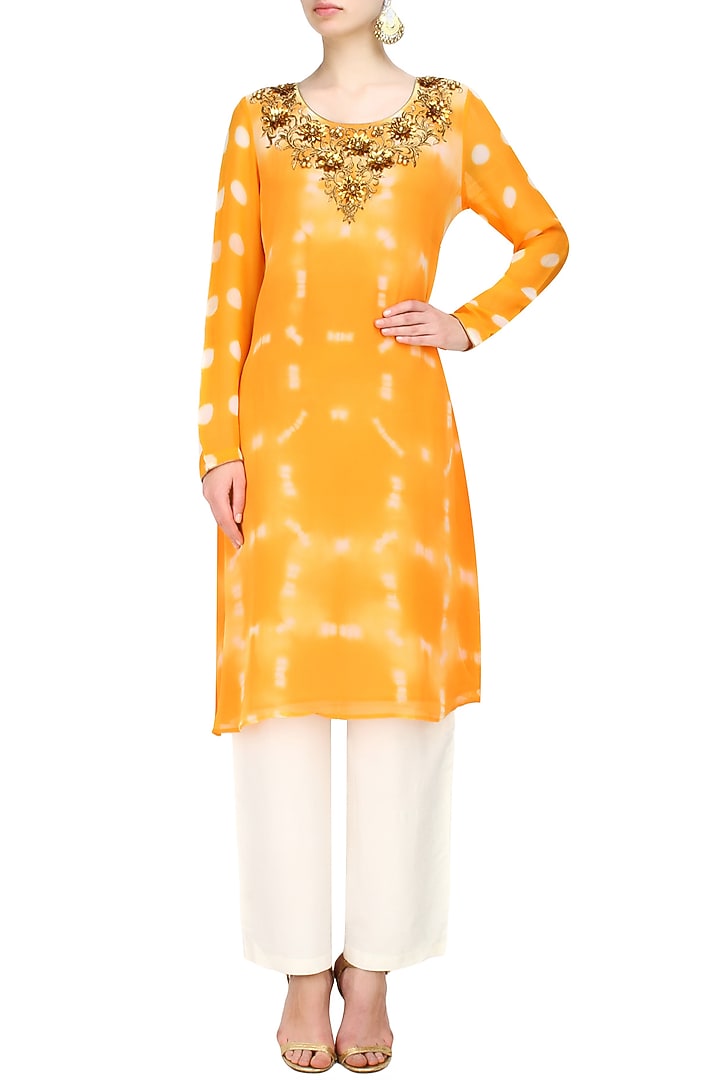 Krishna Mehta presents Orange floral zardozi and beads embroidered tye and dye tunic and off white pants set available only at Pernia's Pop Up Shop.