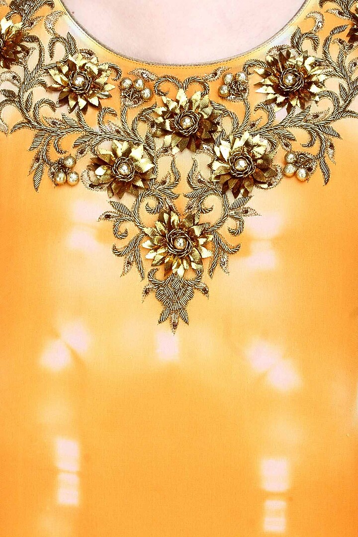 Krishna Mehta presents Orange floral zardozi and beads embroidered tye and dye tunic and off white pants set available only at Pernia's Pop Up Shop.