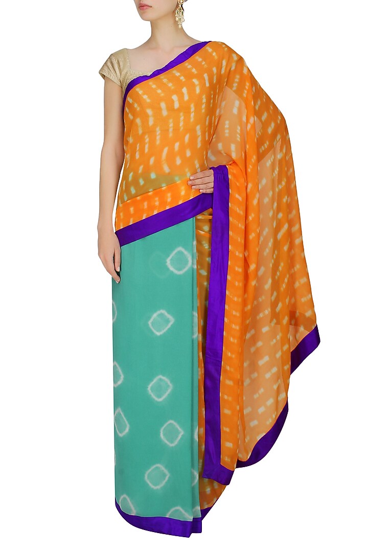 Krishna Mehta presents Orange and blue tye and dye printed saree available only at Pernia's Pop Up Shop.