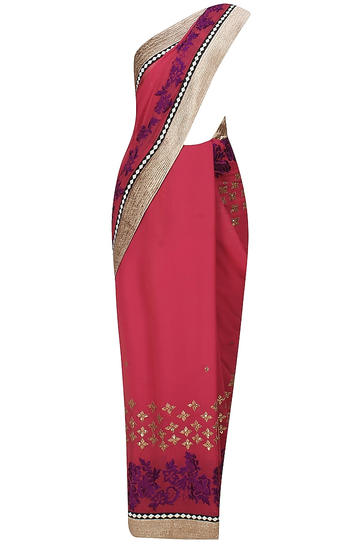Pink and gold floral embroidered bootis saree by Krishna Mehta