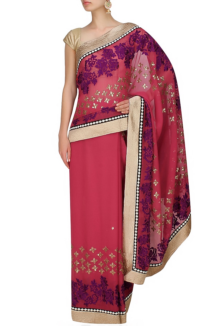 Krishna Mehta presents Pink and gold floral embroidered bootis saree available only at Pernia's Pop Up Shop.