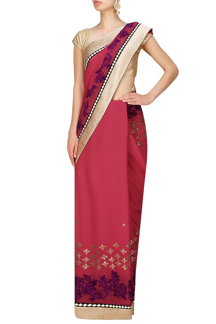 Krishna Mehta presents Pink and gold floral embroidered bootis saree available only at Pernia's Pop Up Shop.