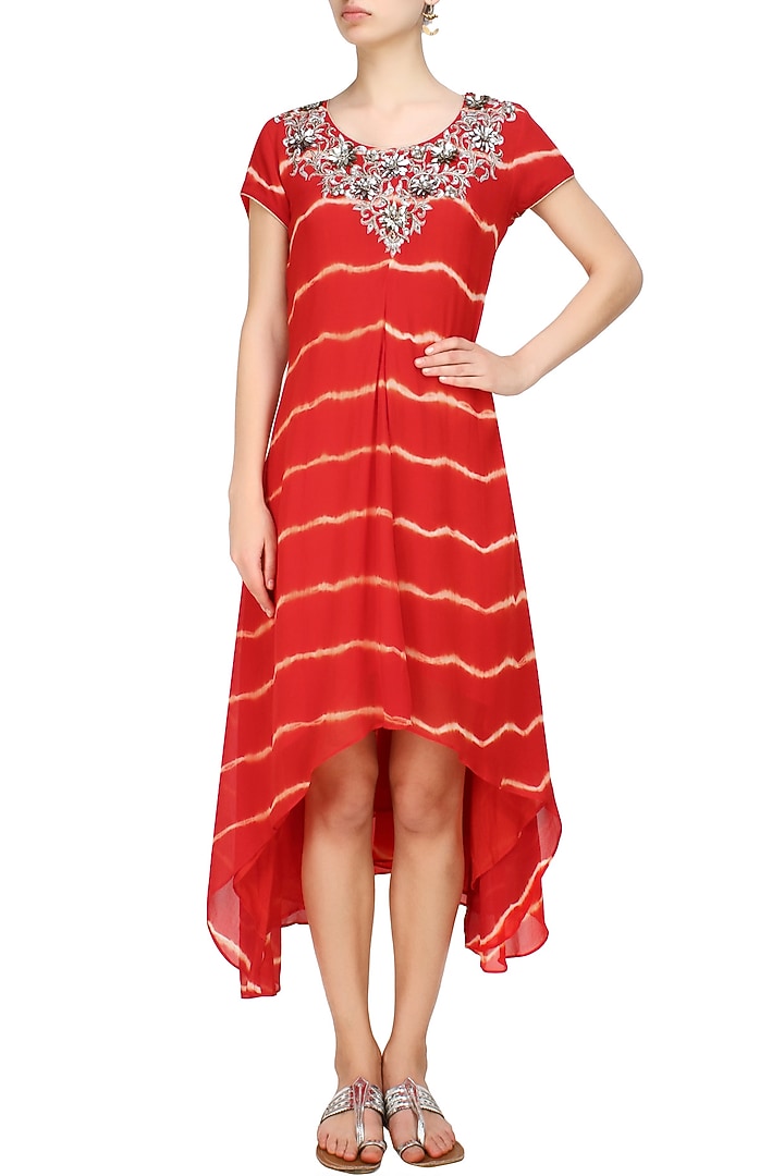 Krishna Mehta presents Red tye and dye zardozi and beads embroidered dress available only at Pernia's Pop Up Shop.
