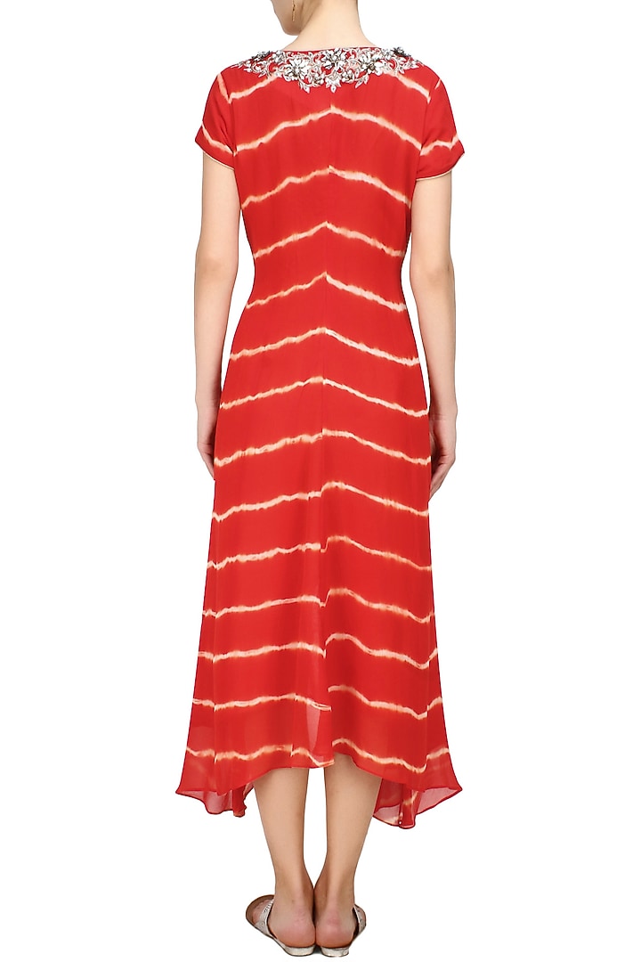 Krishna Mehta presents Red tye and dye zardozi and beads embroidered dress available only at Pernia's Pop Up Shop.