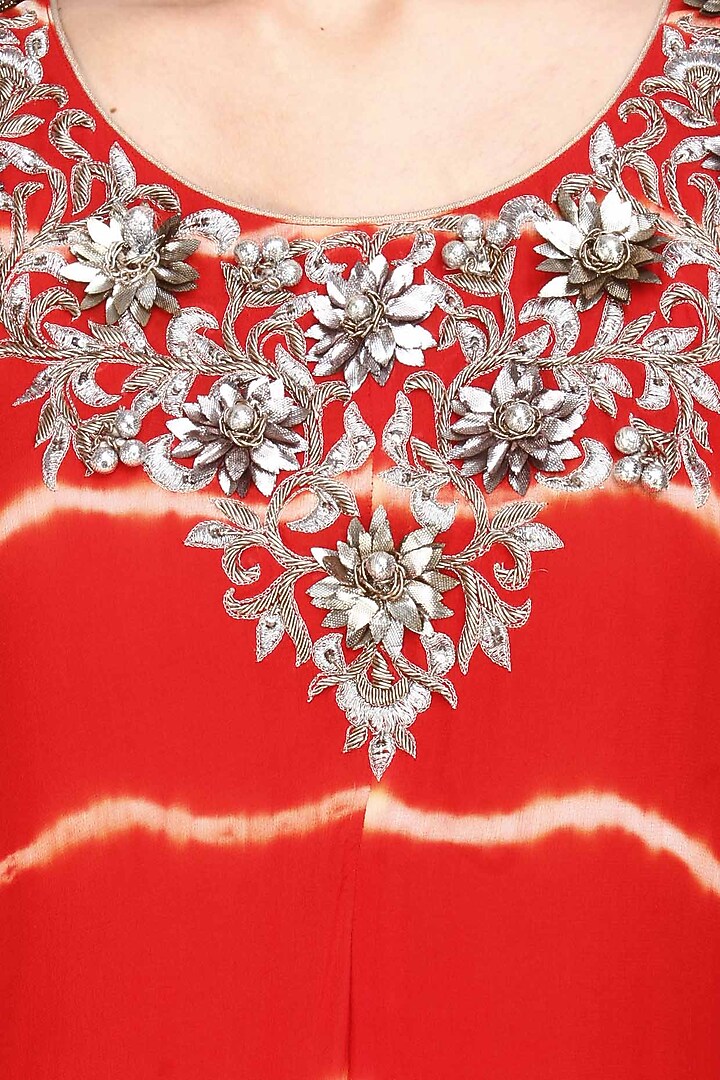 Krishna Mehta presents Red tye and dye zardozi and beads embroidered dress available only at Pernia's Pop Up Shop.