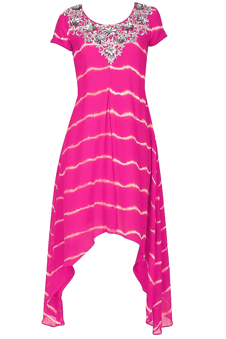Fuschia pink tye and dye zardozi and beads embroidered dress by Krishna Mehta