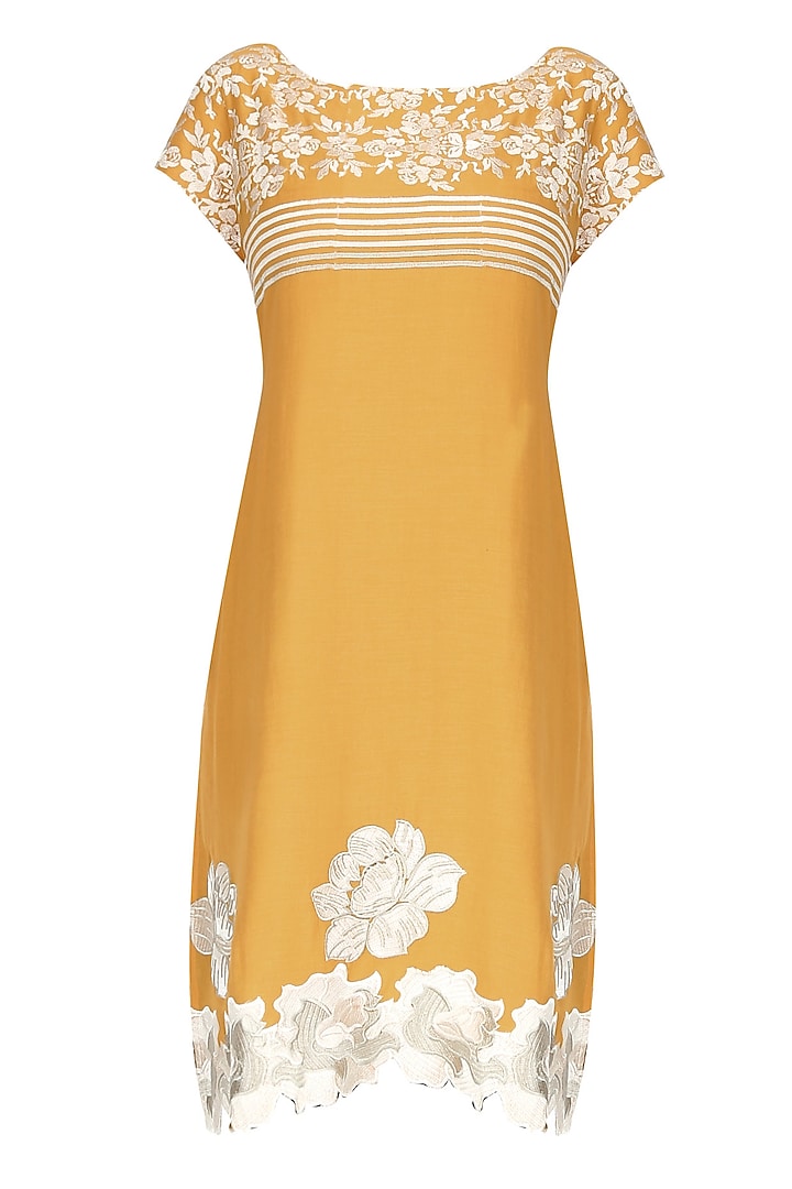 Yellow and ivory floral thread embroidered tunic by Krishna Mehta