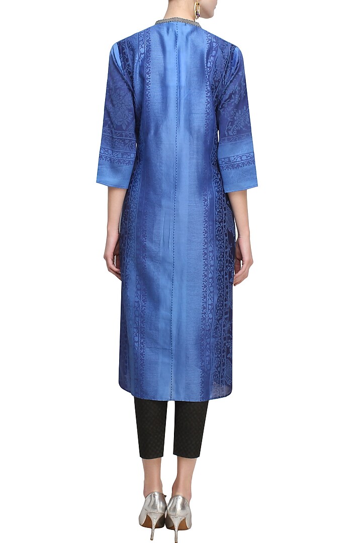 Dark blue floral printed kurta and black pants set available only at Pernia's Pop Up Shop